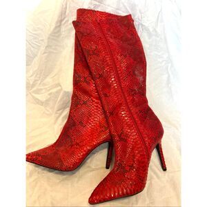 I.N.C. Rajel faux leather snake print knee-high boots / RED